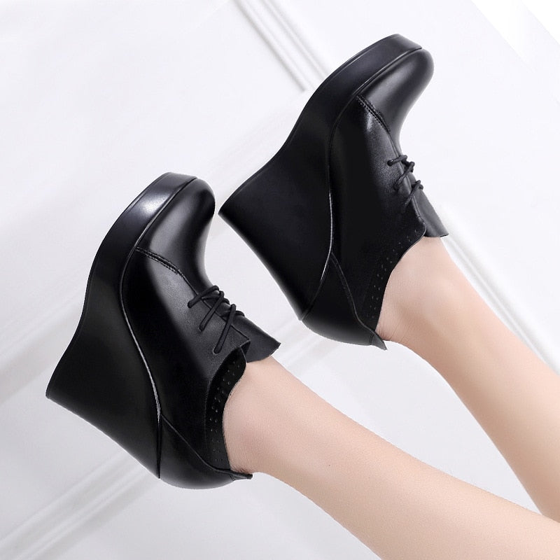 GKTINOO Lace Up Wedges Shoes for Women 2022 Autumn Platform Pumps Woman High Heels Black Office Shoes Ladies Plus Size 33-41