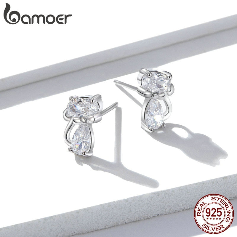 bamoer Katze Silber Ohrstecker Sterling Silber 925 Klar CZ Niedlich Tier Ohrringe Hypoallergen Geschenk für Frauen Brincos BSE206