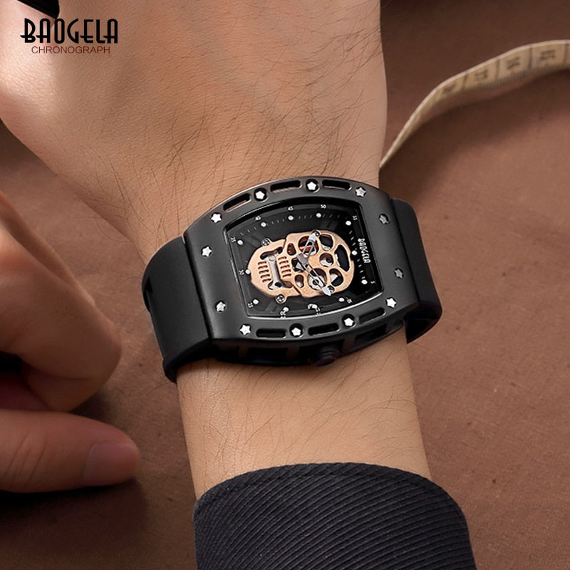 Baogela Fashion Mens Skeleton Skull Luminous Quartz Watches Military Style Black Silicone Rectangle Dial Wristwatch for Man1612