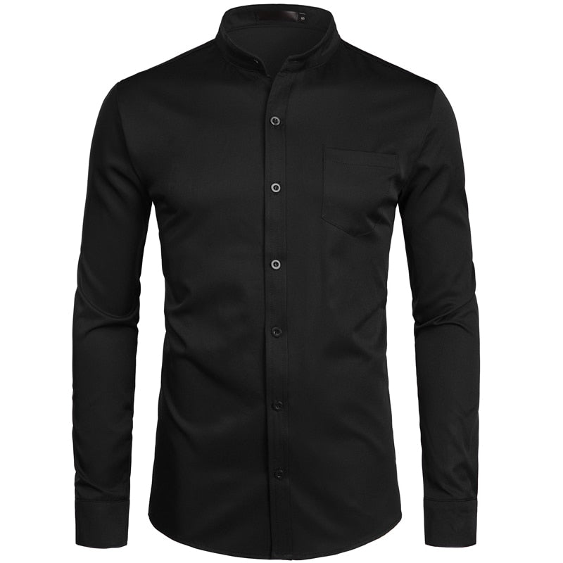 Camisas de vestir azul real para hombre, camisa de cuello mandarín con bandas de marca 2022, camisa informal de manga larga con botones y bolsillo 2XL para hombre