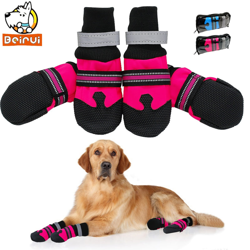 4pcs No-Slip Dog Shoes Rain Wear Waterproof Reflective Boots Paw Protector Outdoor Sock for Medium Large Dogs Rose Blue