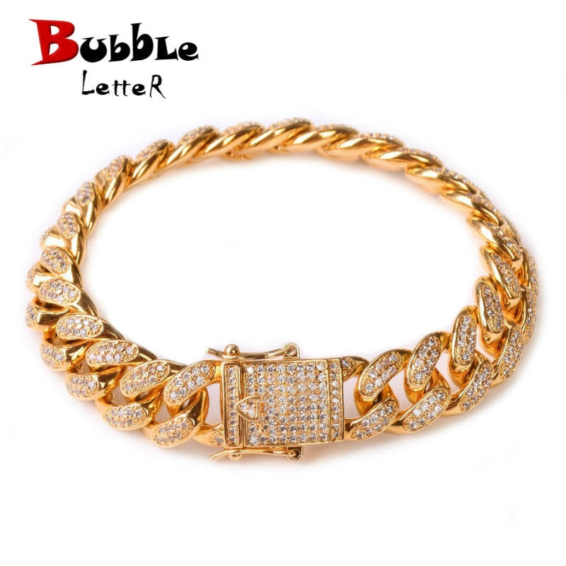 Bubble Letter Miami kubanisches Gliederarmband für Männer, echt vergoldeter Hip-Hop-Schmuck