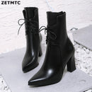 New Women Boots Leather Ankle Boots Fashion Lace Up Square High Heels Boots Autumn Winter Plus Size Shoes 2019