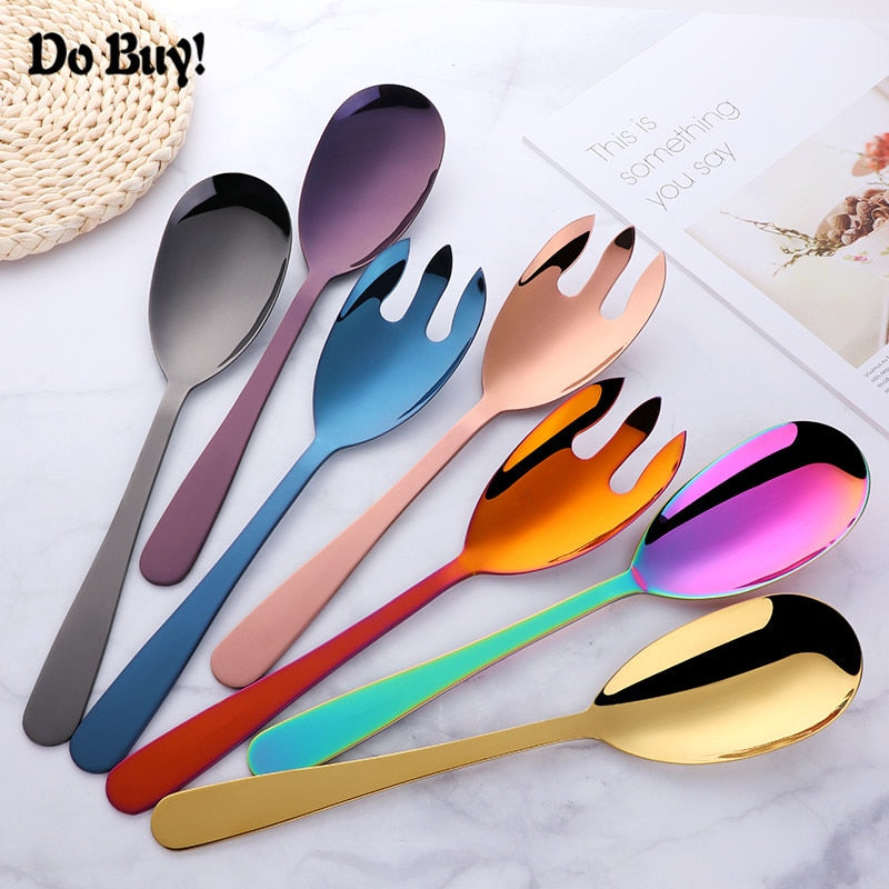 Gold Kitchen 304 Stainless Steel Spoon Set 12 Inch Large Salad Serving Spoon Fork Dinning Server Cutlery Steel Utensils