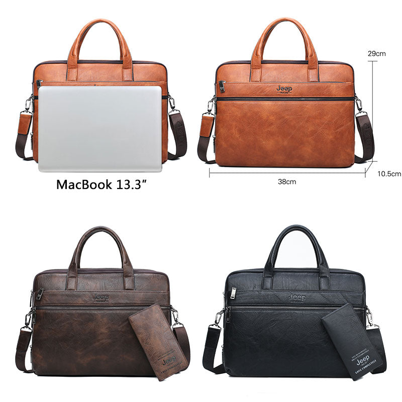 JEEP BULUO Men's Briefcase Bags For 13.3" Laptop Man Business Shoulder Bag Handbags High Quality Leather Office Black