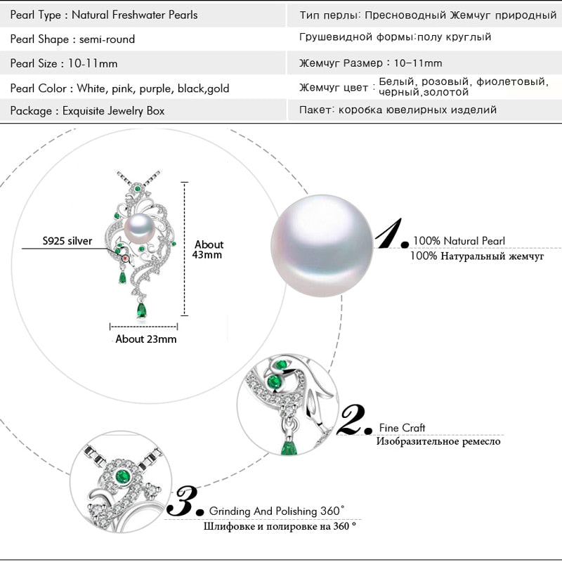 FENASY 925 Sterling Silver Luxury Phoenix Pendant Necklace Emerald Bohemian Party Natural Freshwater Pearl Necklaces For Women