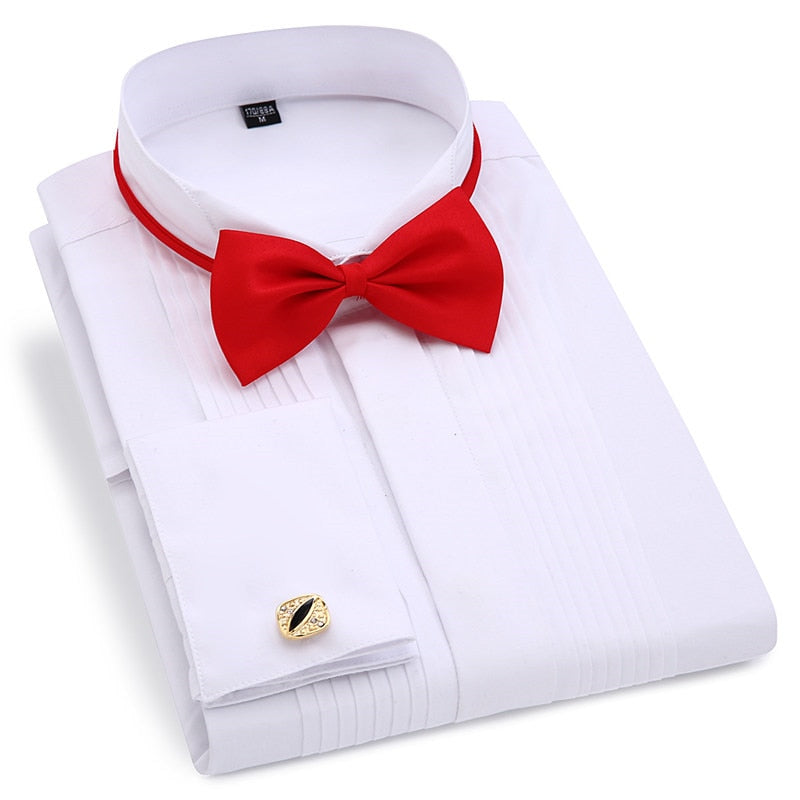 Esmoquin de boda para hombre, camisas de vestir de manga larga, gemelos franceses, pliegue de cola de golondrina, diseño de botones oscuros, camisa de caballero, blanco, rojo y negro