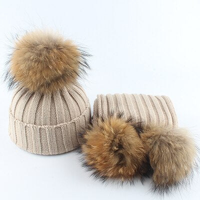 Gorro con pompón de piel auténtica para niños, gorro de punto cálido y bufanda, gorro de invierno para niños y niñas