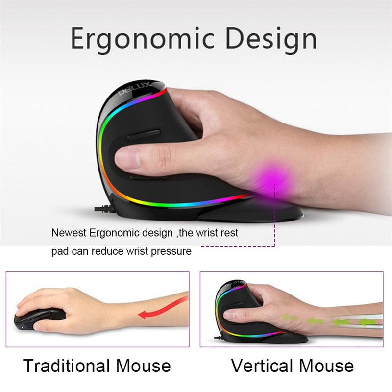 Delux Ergonomics Vertical Gaming Wired Mouse RGB/Single Color/Wireless 6 Buttons 4000 DPI Optical RGB Wireless Right Hand Mice