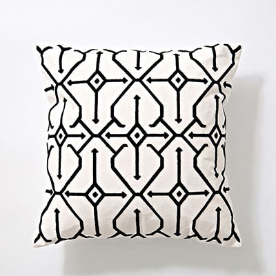 Home Decor Embroidered Cushion Cover Black White Abstract Geometric Canvas Cotton Square Embroidery Pillow Cover 45x45cm