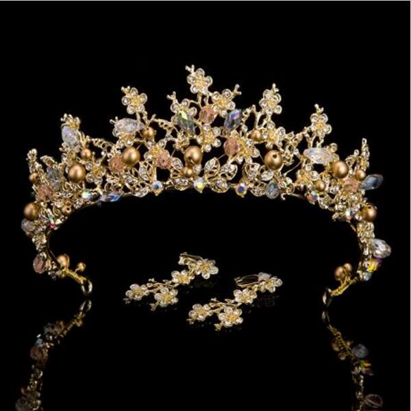 Pink Gold Color Pearl Bridal Crowns Handmade Tiara Bride Headband Crystal Wedding Diadem Queen Crown Wedding Hair Accessories