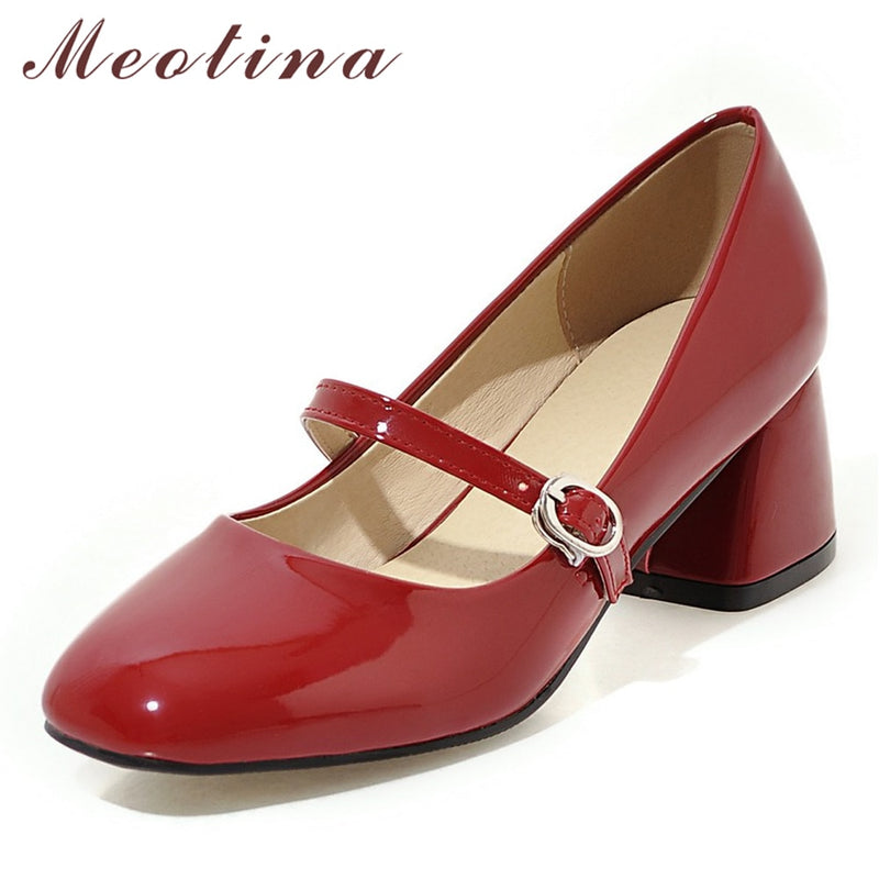 Zapatos de tacón alto Meotina, zapatos Mary Janes para mujer, zapatos de tacón medio de charol, zapatos de tacón cuadrado con hebilla para mujer, zapatos rojos de talla grande 33-43