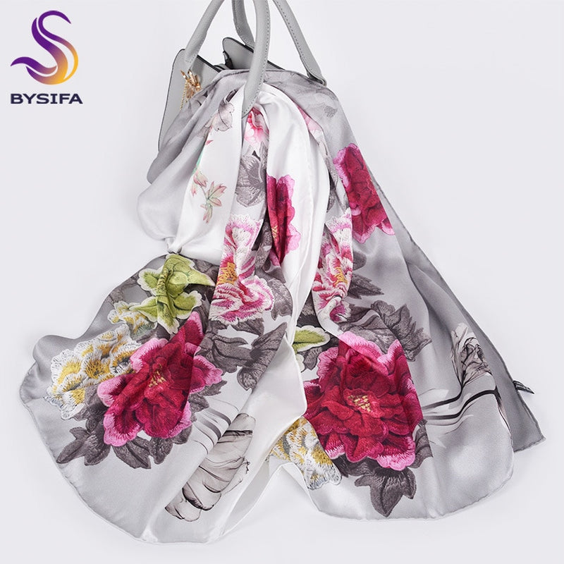 [BYSIFA] nueva bufanda de seda pura de lujo para mujer, bufandas largas de primavera y otoño para mujer, bufanda de cuello de seda de 100% de marca, Foulard 175*52cm