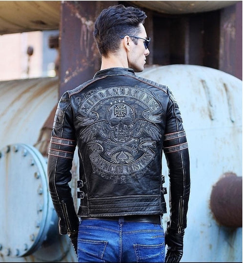Free shipping.Brand skull cowhide coat.black slim genuine leather clothes,men's rider leather cloth.Chaqueta de cuero esqueleto