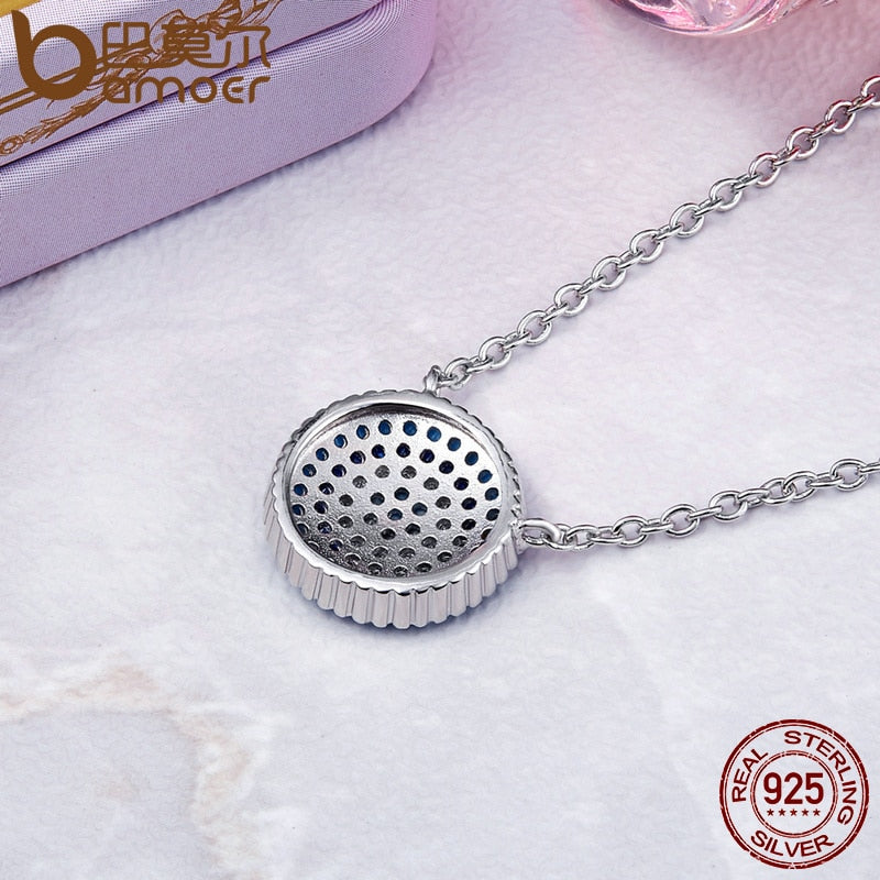 BAMOER Popular 925 Sterling Silver Round Blue Crystal Lucky Blue Eyes Women Pendant Necklaces Authentic Silver Jewelry SCN099