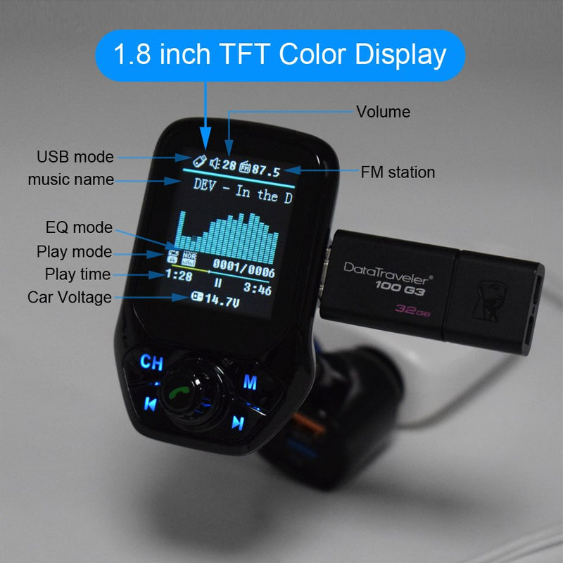 FM-Transmitter Bluetooth-kompatibler V5.0-Auto-AUX-USB-MP3-Player Drahtlose Freisprecheinrichtung mit QC3.0-Schnellladegerät 3 USB-Anschlüssen