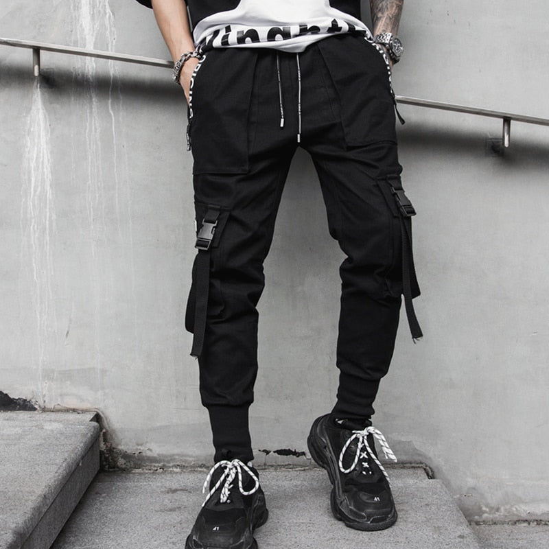 2020 Frühling Hip Hop Joggers Männer Schwarz Pluderhosen Multi-Pocket-Bänder Mann Jogginghose Streetwear Lässige Herrenhose M-3XL