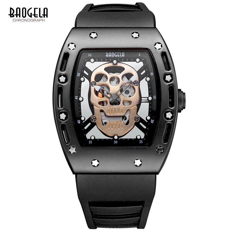 Baogela Fashion Mens Skeleton Skull Luminous Quartz Watches Military Style Black Silicone Rectangle Dial Wristwatch for Man1612