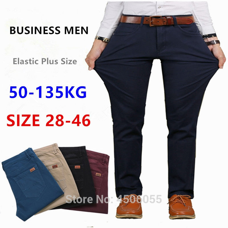 Pantalones de algodón rectos de negocios para hombre, pantalones elásticos para niño, ajustados, informales, de talla grande, 42, 44, 46, negro, caqui, rojo y azul