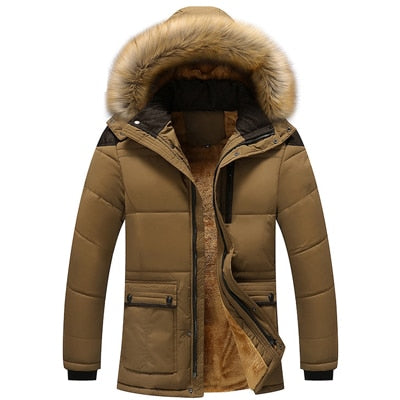 Chaquetas de invierno de piel de montaña para hombre, abrigos gruesos de lana 5XL con cuello de piel y capucha para hombre, chaqueta informal para hombre, prendas de vestir exteriores a prueba de viento SA390