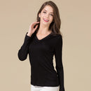 SuyaDream Damen T-Shirt Naturseide Lange Ärmel V-Ausschnitt Solides Basic Shirt Rosa Blau Lila Bottoming Top