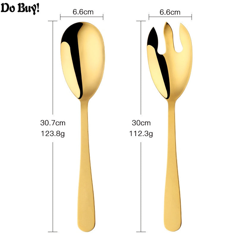 Gold Kitchen 304 Stainless Steel Spoon Set 12 Inch Large Salad Serving Spoon Fork Dinning Server Cutlery Steel Utensils