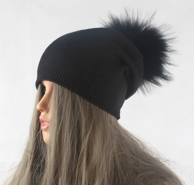 Gorro con pompón para otoño e invierno, gorros tejidos de lana para mujer, gorros informales de Cachemira para mujer, gorro con pompón de piel de mapache Real