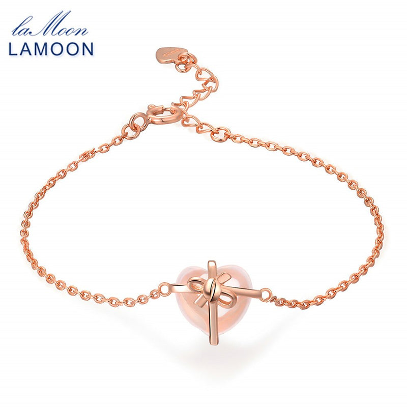 LAMOON Armband aus 925er Sterlingsilber für Frauen mit Herzarmband, Rosenquarz, Edelstein, 18 Karat Roségold vergoldet, feiner Schmuck LMHI047