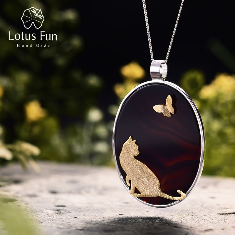 Lotus Fun Real 925 Sterling Silver Natural Agate Handmade Fine Jewelry Cat and Butterfly Pendant without Necklace for Women