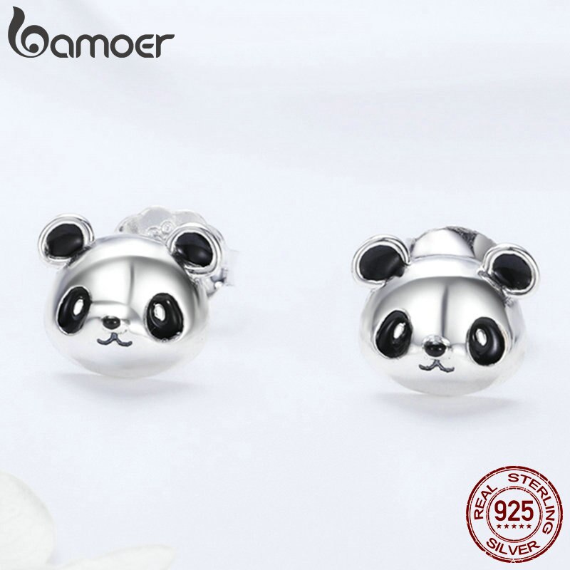 BAMOER Genuine 100% 925 Sterling Silver Animal Collection Cute Panda Stud Earrings for Women Sterling Silver Jewelry SCE386