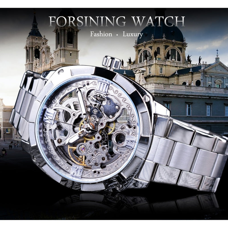 Forsining Silver Watches Folding Clasp with Safety Men&