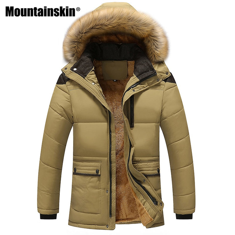 Chaquetas de invierno de piel de montaña para hombre, abrigos gruesos de lana 5XL con cuello de piel y capucha para hombre, chaqueta informal para hombre, prendas de vestir exteriores a prueba de viento SA390