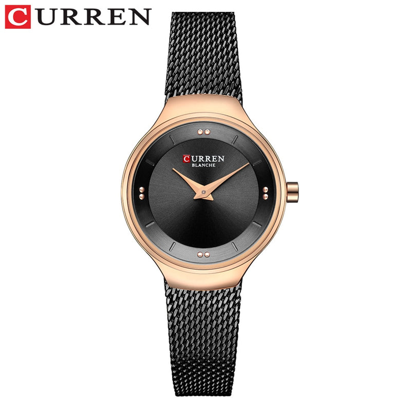 Relojes elegantes para mujer, reloj de malla de acero inoxidable de cuarzo a la moda CURREN, reloj de pulsera sencillo para mujer, reloj de mujer