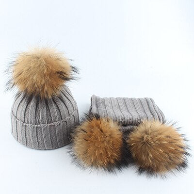 Children Real Fur Pompom Beanie Warm Knitted Hat and Scarf Set Boys Girls Winter Baby Cap