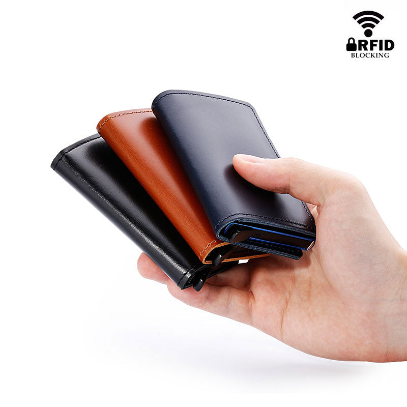 RFID Protected 100% Genuine Leather Card Holder Men Aluminum Metal Business Slim ID Credit Cardholder Mini Wallet（send 12）