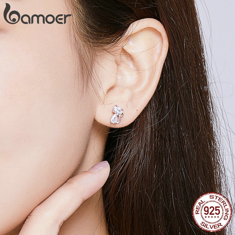 bamoer Cat Silver Stud Earrings Sterling Silver 925 Clear CZ Cute Animal Ohrringe Hypoallergenic Female Gift  Brincos BSE206