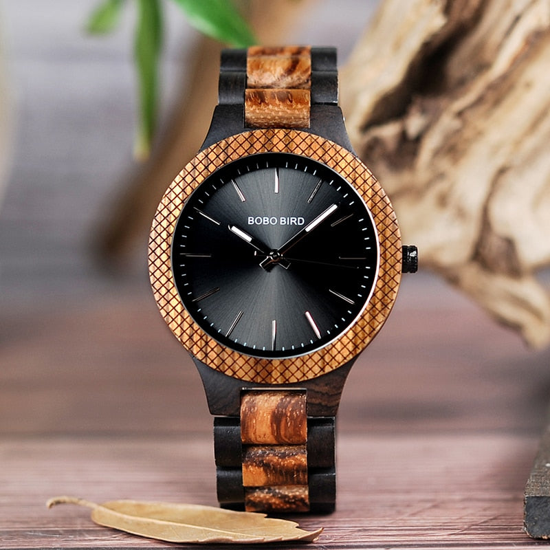 BOBO BIRD D30-1 Two-tone Zebra Wood & Ebony Wooden Watches Luminous Hands Quartz Wristwatch for Men in wooden Gift Box