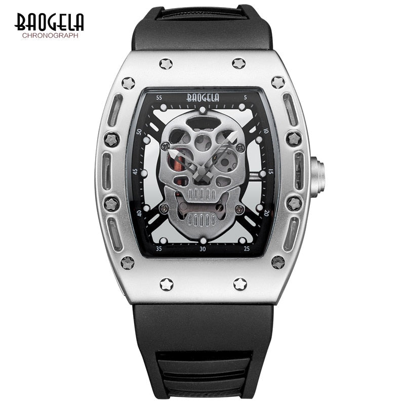 Baogela Moda Hombre Esqueleto Calavera Relojes de cuarzo luminosos Estilo militar Negro Silicona Rectángulo Dial Reloj de pulsera para Man1612