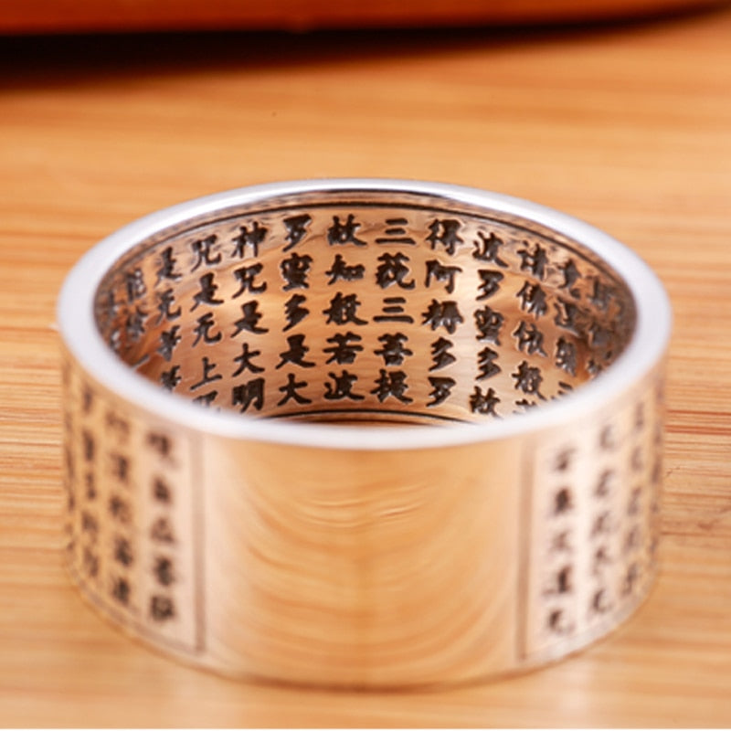 ZABRA Genuine Silver 999 Heart Sutra Ring For Men Big Wide Rings Buddha Chinese Letters Clear Engraved Vintage Male Jewelry