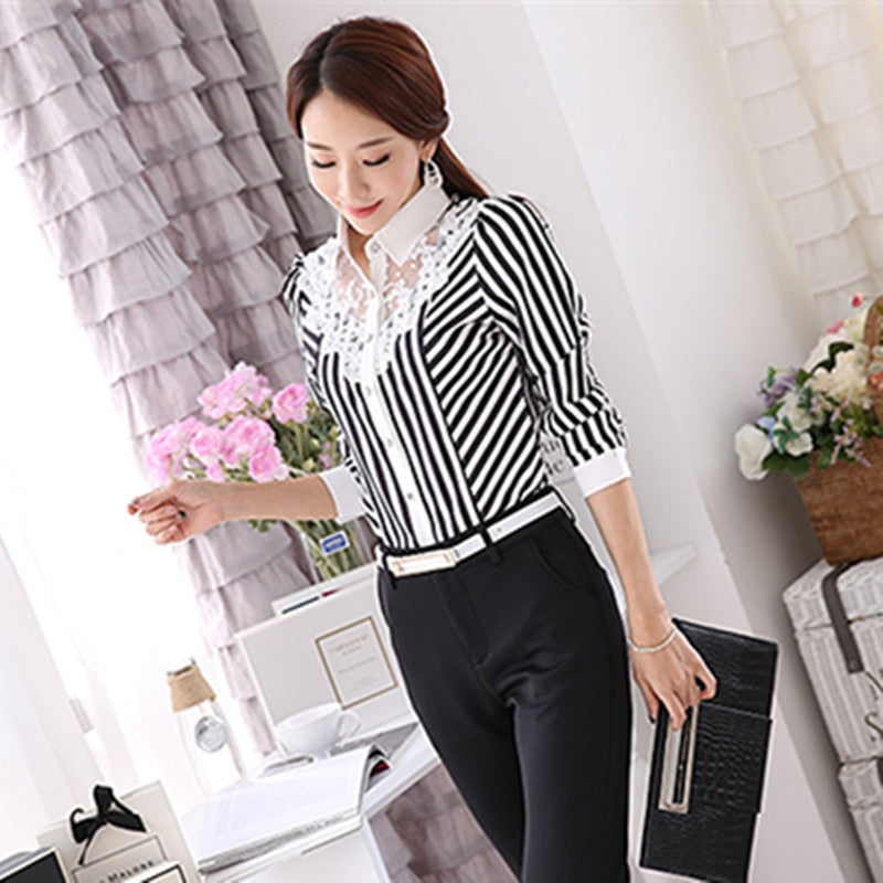 Neue Frauen Spitze Spliced ​​Stickerei OL Blusen Tops Feminine Slim Shirt Korean Fashion Stripe Tops 4XL