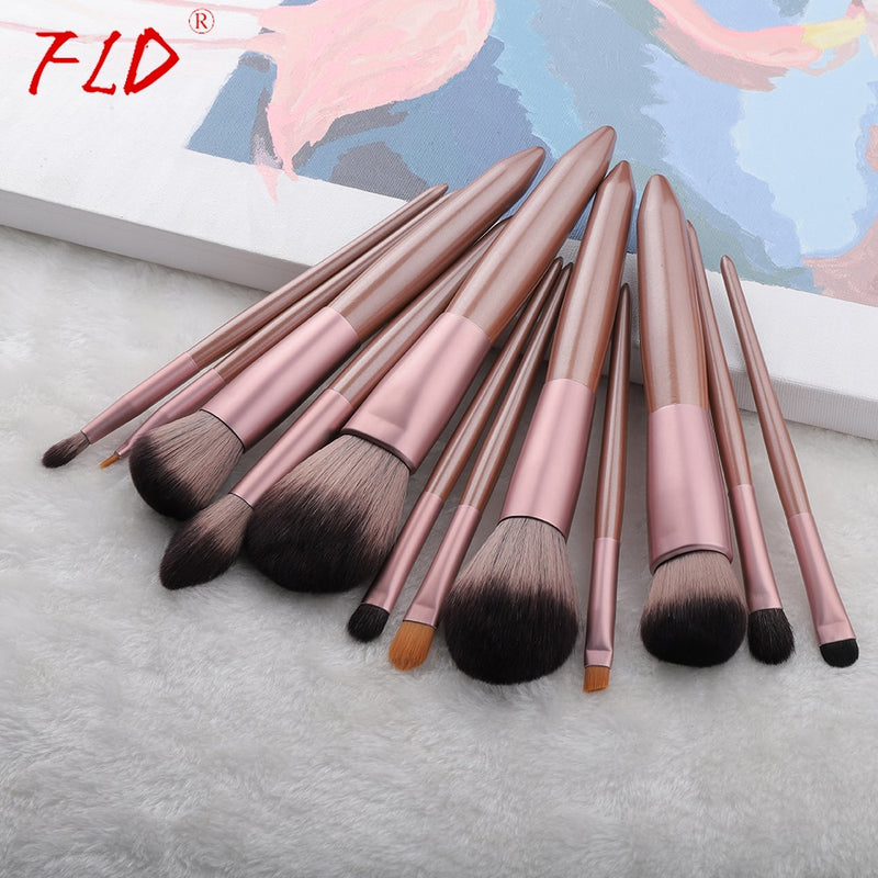 FLD 12-teiliges Make-up-Pinsel-Set mit Holzgriff Rouge-Pinsel-Set Augen-Eyeliner-Puder-Grundierung Make-up-Pinsel-Set Kosmetisches Werkzeug-Set