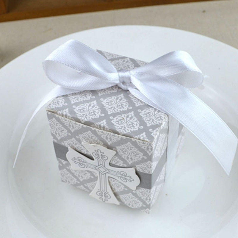 first Communion cross candy box Christening baby shower wedding party bomboniere wrap holders with ribbons