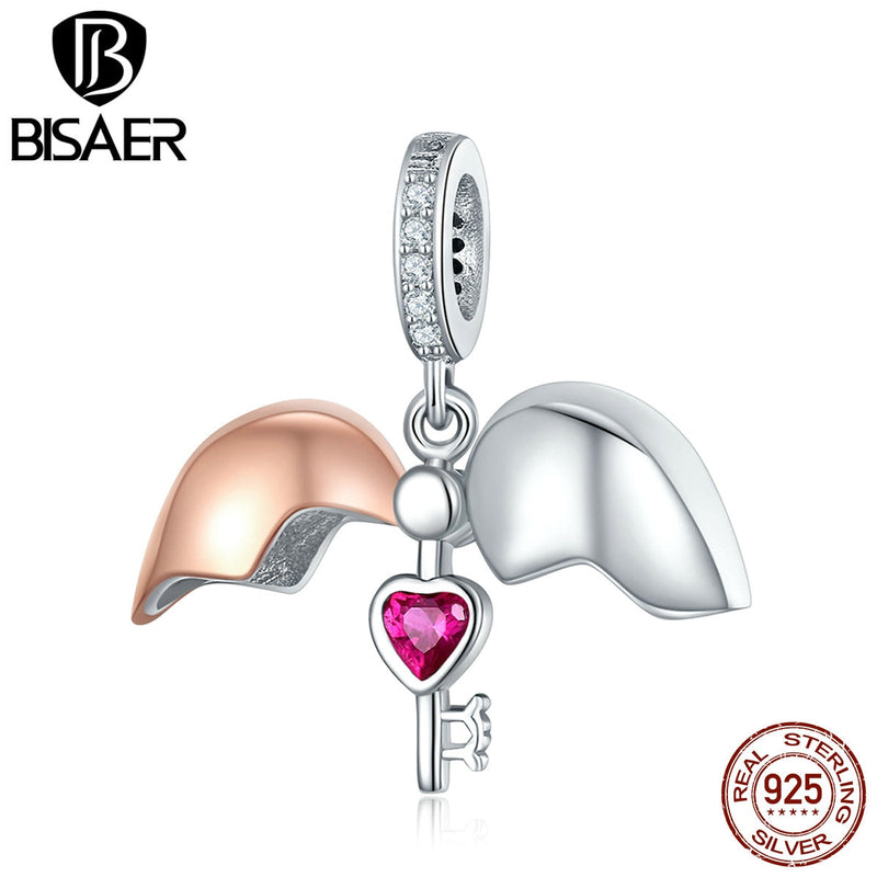 BISAER Romantic 925 Sterling Silver Lock Key Of Love Heart Pendant Charms Lock Shape Fit For DIY Silver Jewelry Making ECC844