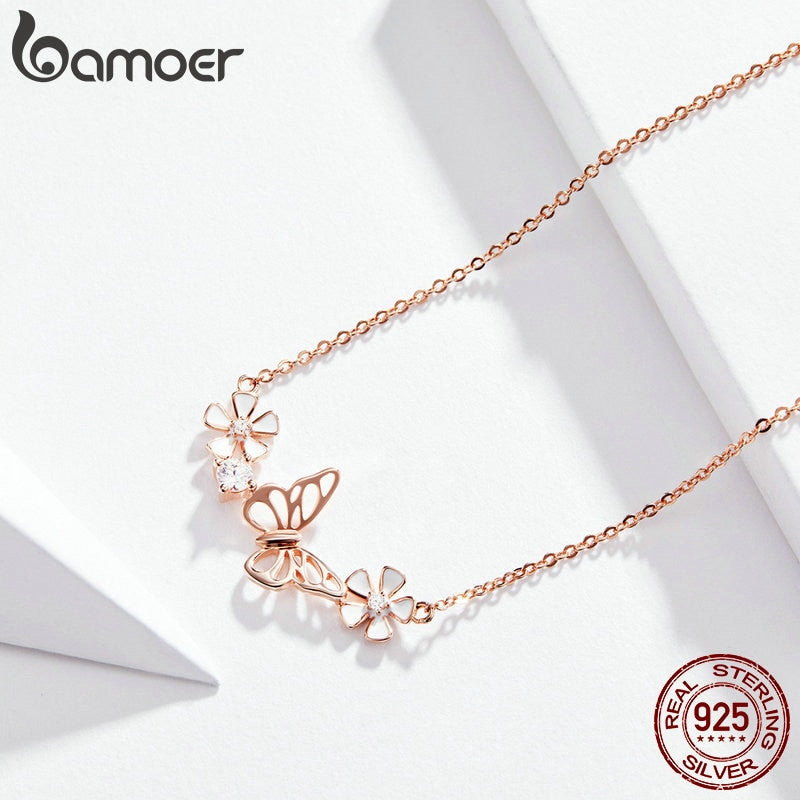 BAMOER 925 Sterling Silber Schmetterling und Blume Halskette Emaille Floral Short Choker Halskette Silber Korean Style Schmuck BSN053