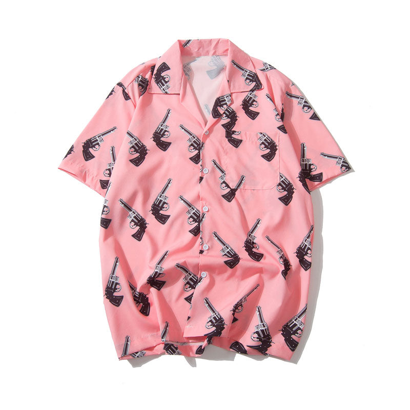 GONTHWID Pistol Gun Print Pink Beach Hawaiian Aloha Shirts 2022 Sommer Herren Casual Kurzarm Shirt Male Fashion Shirts Tops