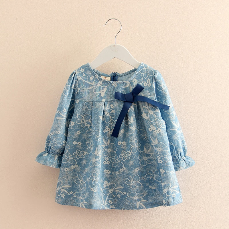 2021 Spring Autumn 2-10T Years Child Kids Birthday Gift O Neck Long-Sleeve Flower Print Denim Blue Colour Bow Cute Girls Shirt