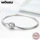 WOSTU Authentic 100% 925 Sterling Silver Cute Cat Glittering CZ Snake Strand Chain Bracelets Bangle for Women Silver Jewelry