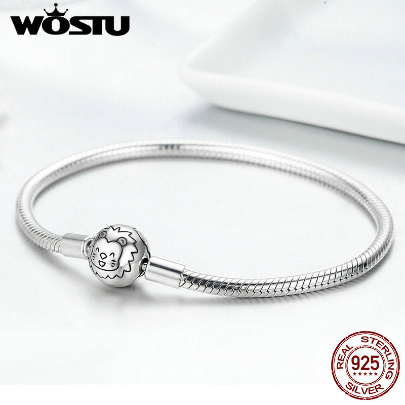 WOSTU Authentic 100% 925 Sterling Silver Cute Cat Glittering CZ Snake Strand Chain Bracelets Bangle for Women Silver Jewelry