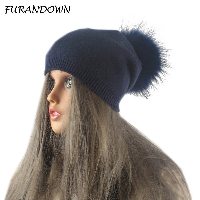 Gorro con pompón para otoño e invierno, gorros tejidos de lana para mujer, gorros informales de Cachemira para mujer, gorro con pompón de piel de mapache Real