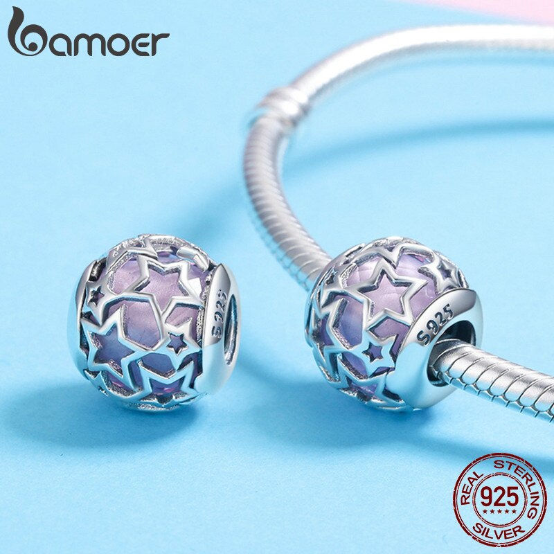 BAMOER BAMOER 100% 925 Sterling Silver Radiant Hearts, Opalescent Pink Crystal Beads Fit  Charm Bracelets DIY Jewelry SCC510